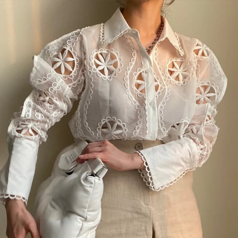 Floral Embroidery Hollow Blouse - Long Sleeve Vintage Shirt