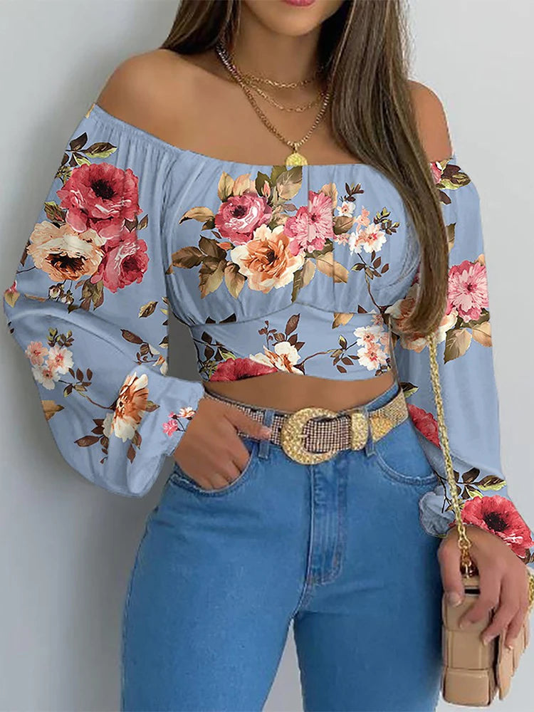 Off-Shoulder Printed Blouse - Lantern Sleeve Lace-Up Crop Top
