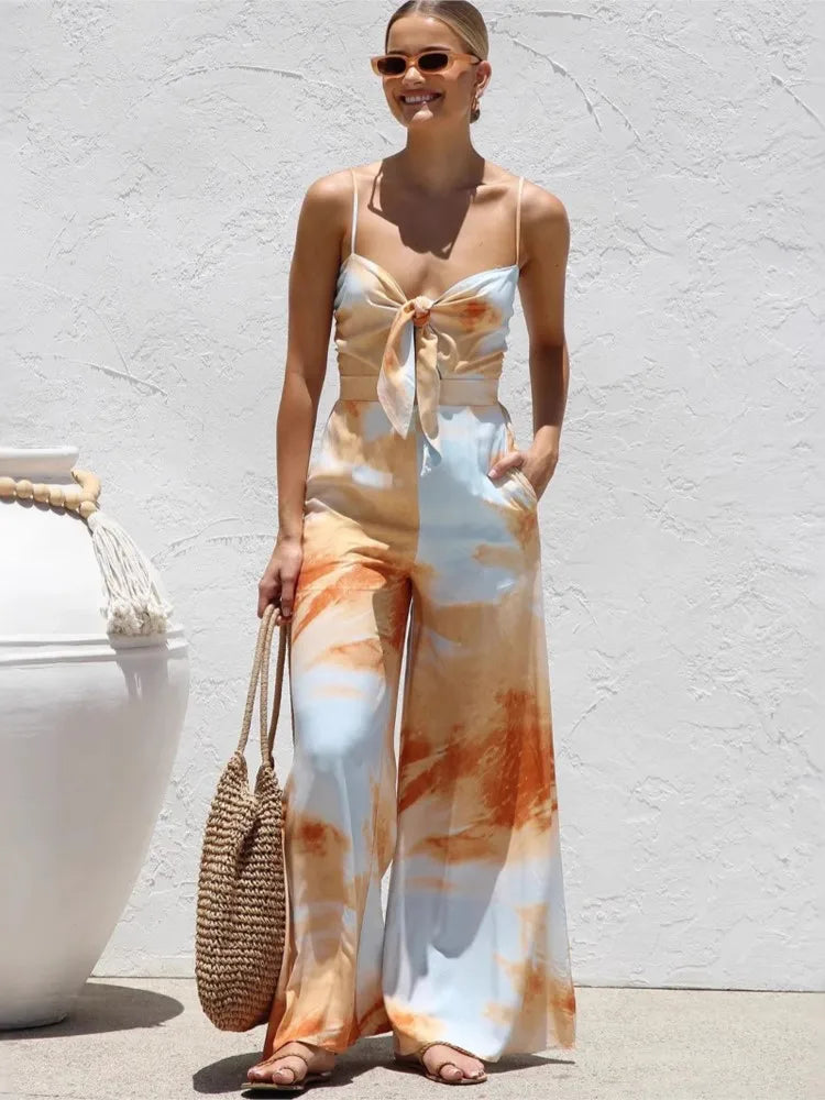 Printed Spaghetti Strap Jumpsuit - Bow Detail Vacation Style