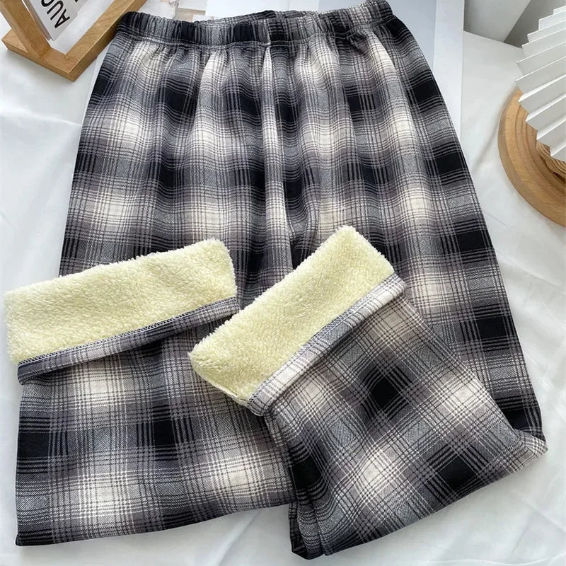 Fleece Lined Plaid Trousers - Straight Winter Fit