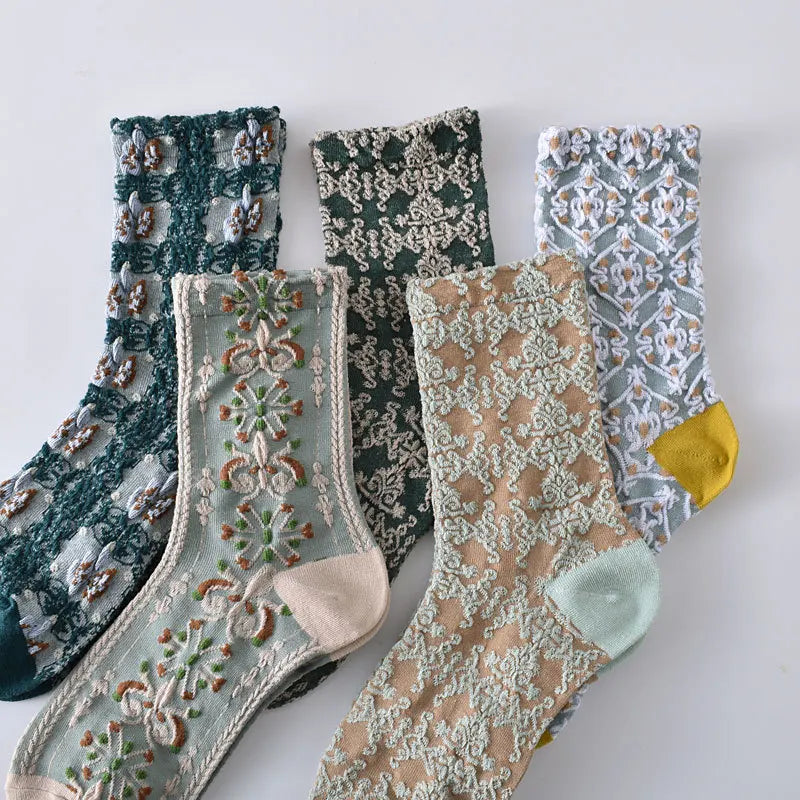5-Pair Embroidered Flower Socks Set - Harajuku Retro Style