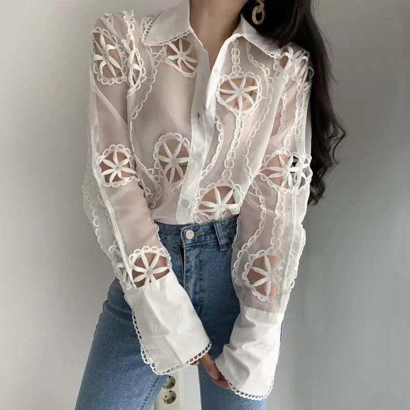 Floral Embroidery Hollow Blouse - Long Sleeve Vintage Shirt
