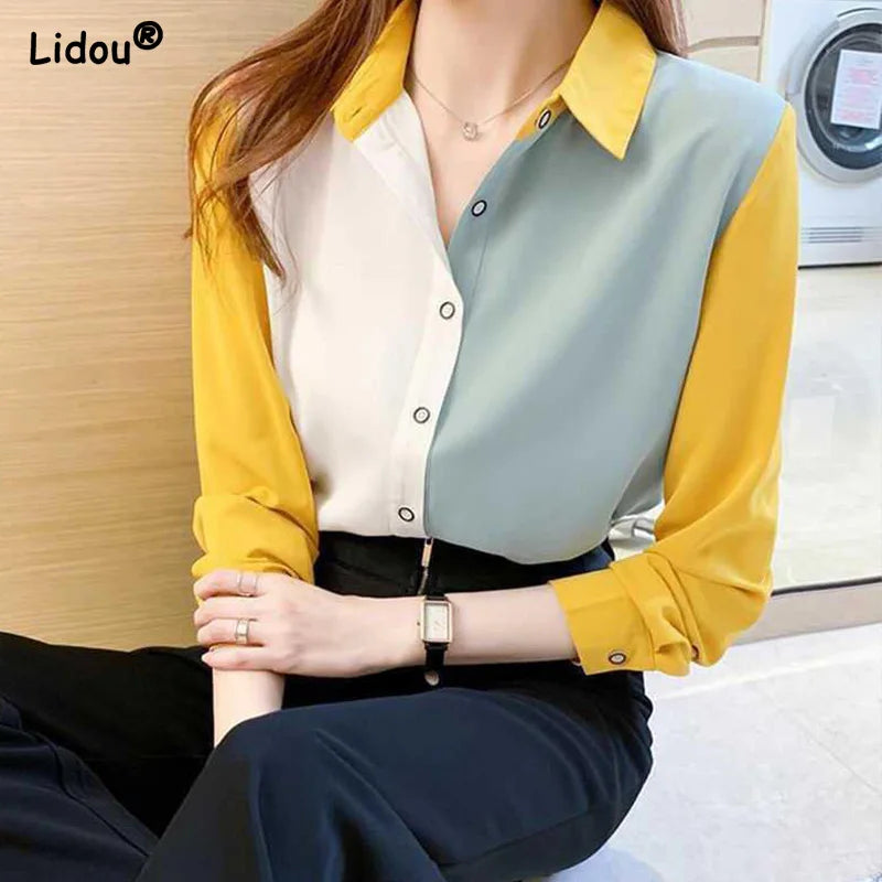 Solid Button-Front Blouse - Turn-Down Collar Loose Shirt