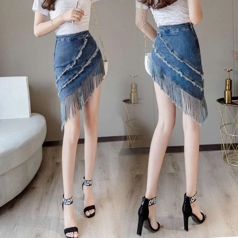 High Waist Fringe Denim Skirt - Coquette Streetwear