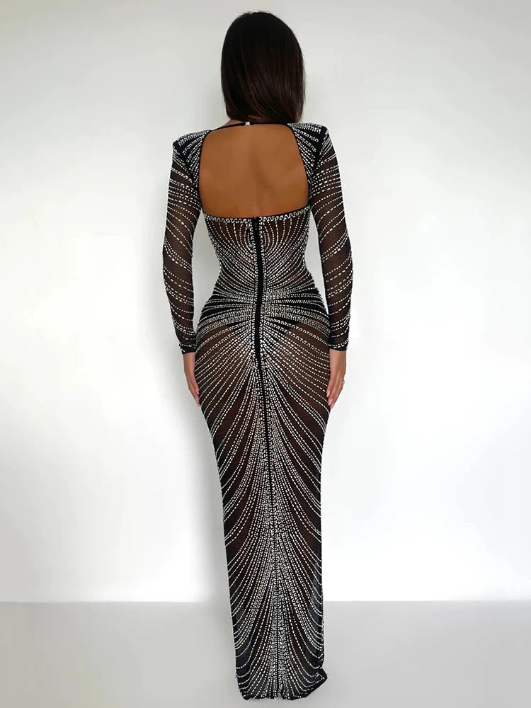 Glitter Mesh Bodycon Maxi Dress - Long-Sleeve Evening Glam