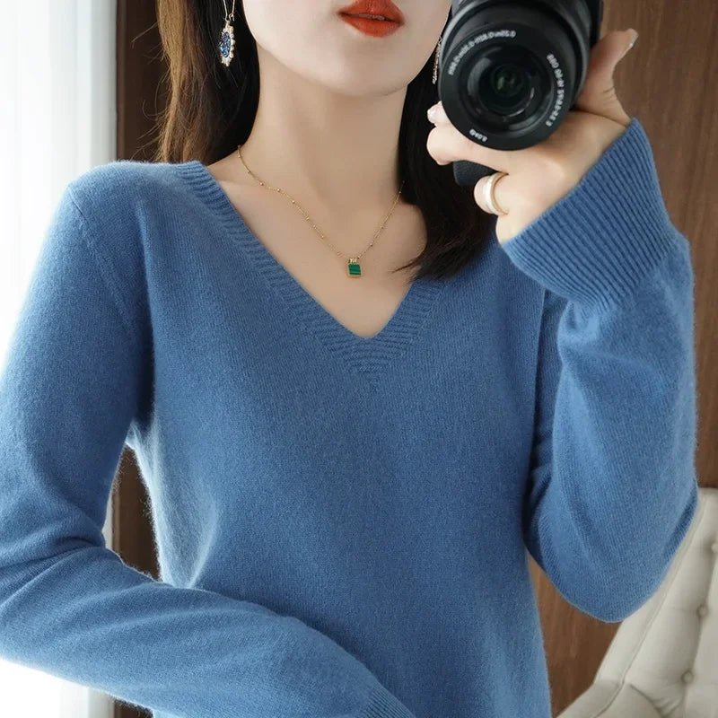V-Neck Solid Knit Sweater - Warm Casual Pullover
