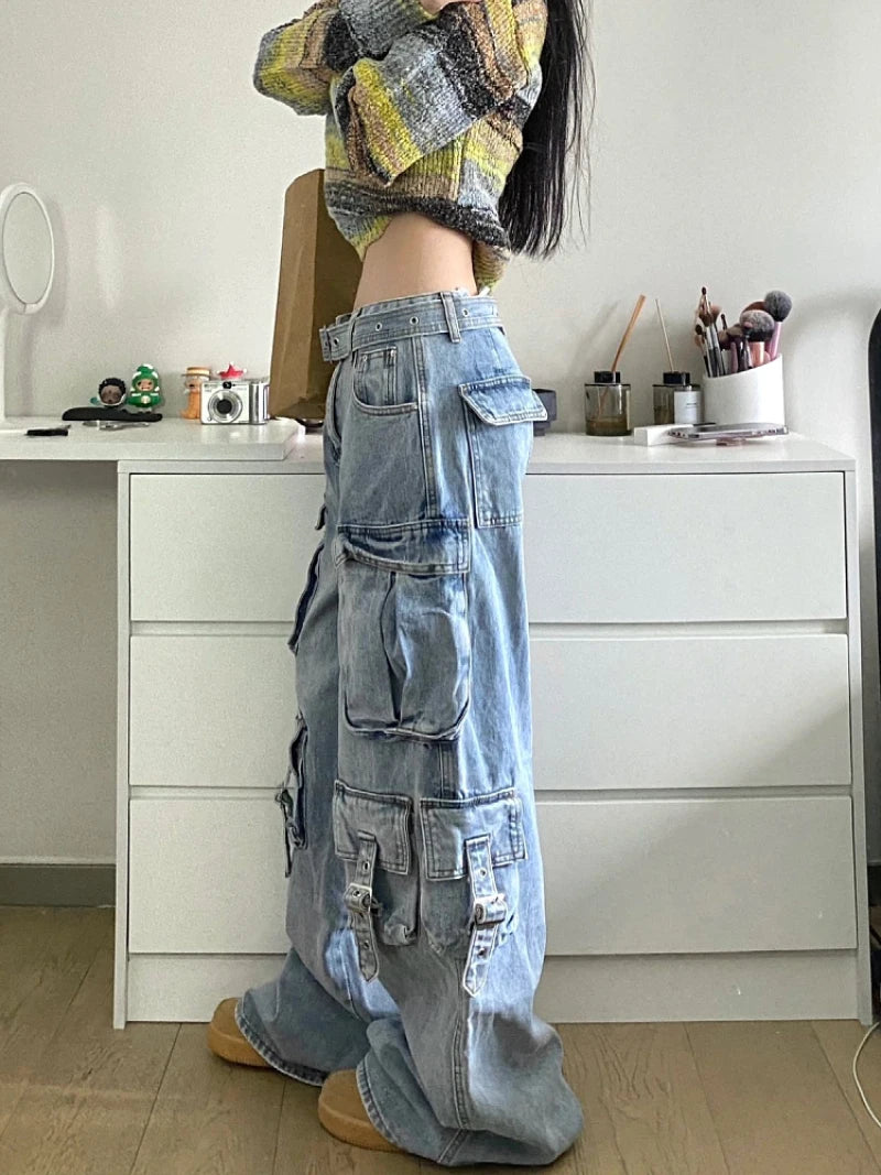 Baggy Cargo Wide-Leg Jeans - Multi-Pocket Street Style