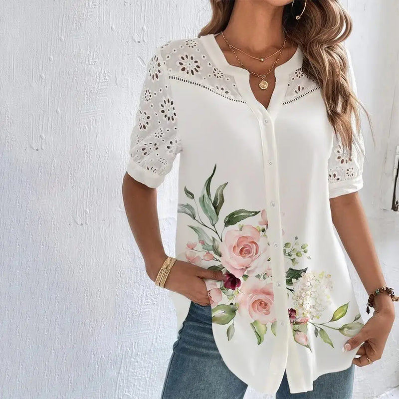 Lace Accent Short Sleeve Blouse - Relaxed Holiday Shirt
