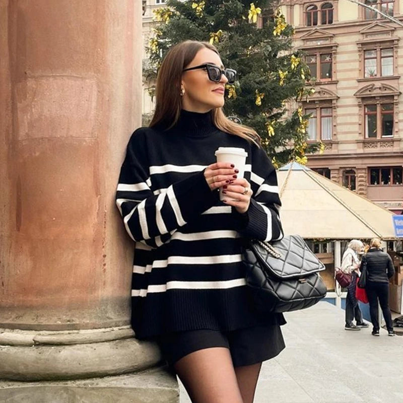 Striped Turtleneck Sweater - Long Sleeve Loose Knit Jumper
