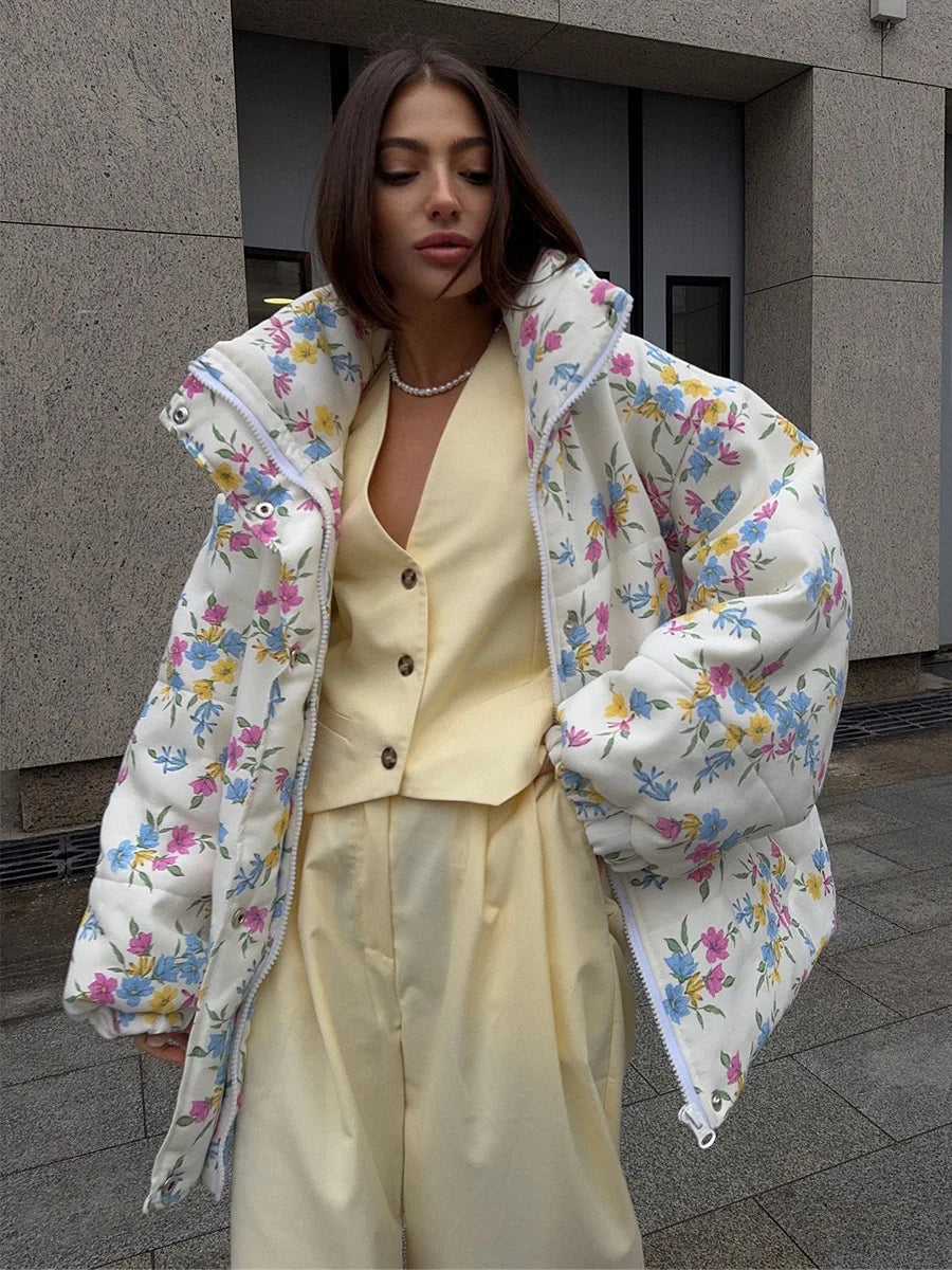 Floral Print Puffer Jacket - Oversized Stand Collar Coat