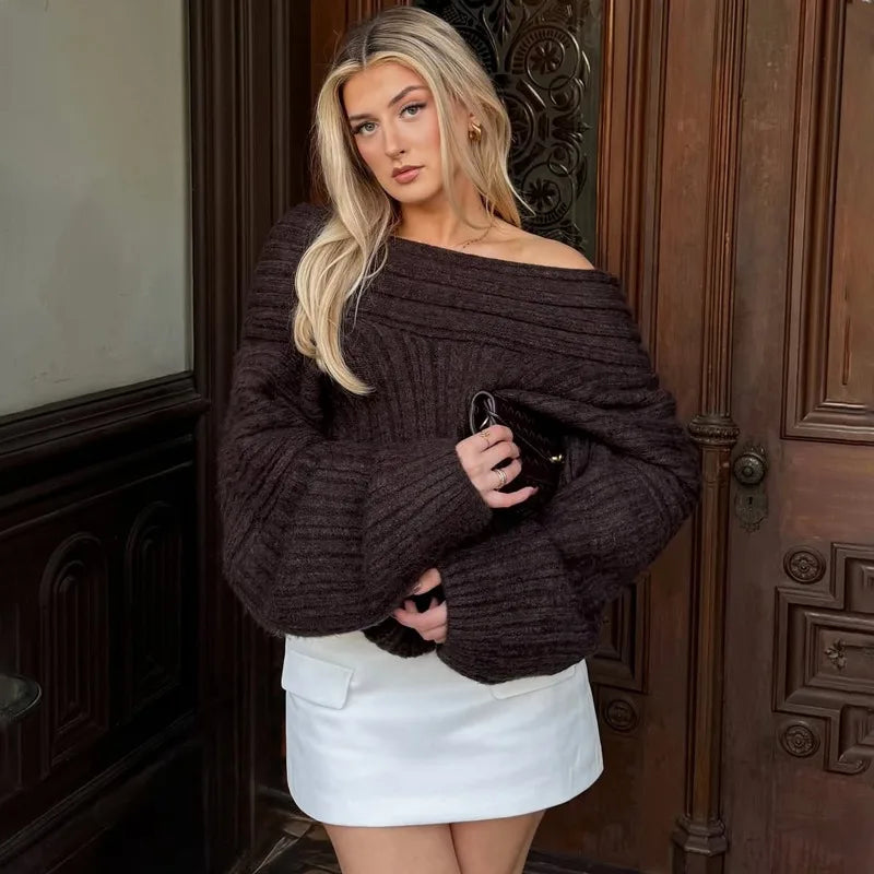 Off-Shoulder Retro Sweater - Loose Brown Knit Pullover