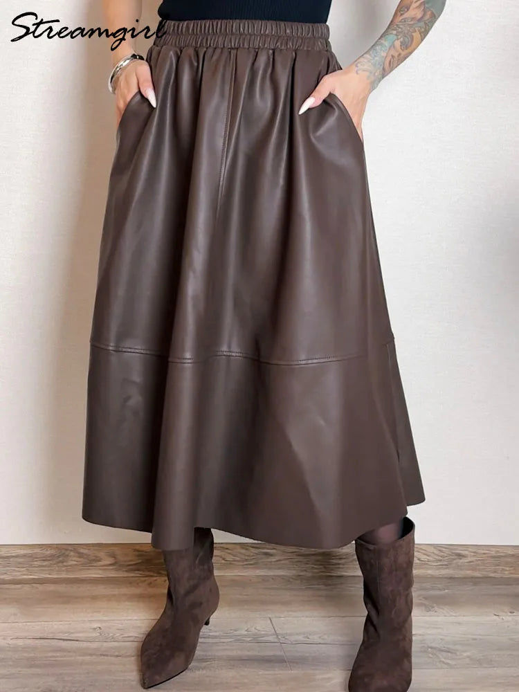 Leather A-Line Midi Skirt - Elastic Waist With Pockets