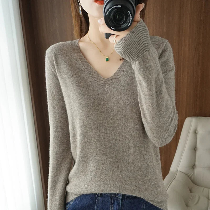 V-Neck Solid Knit Sweater - Warm Casual Pullover