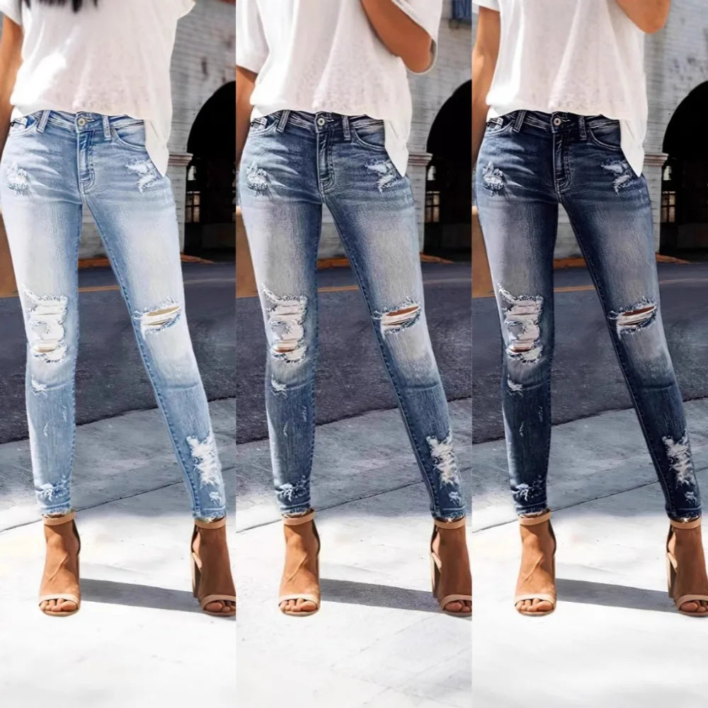 Distressed Straight Jeans - Stretch Washed Ankle Fit