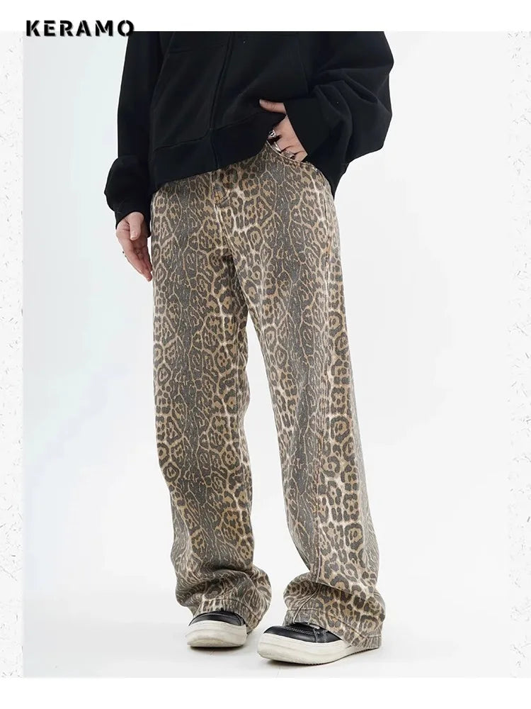 Leopard Print Wide-Leg Jeans - Vintage High-Waist Denim