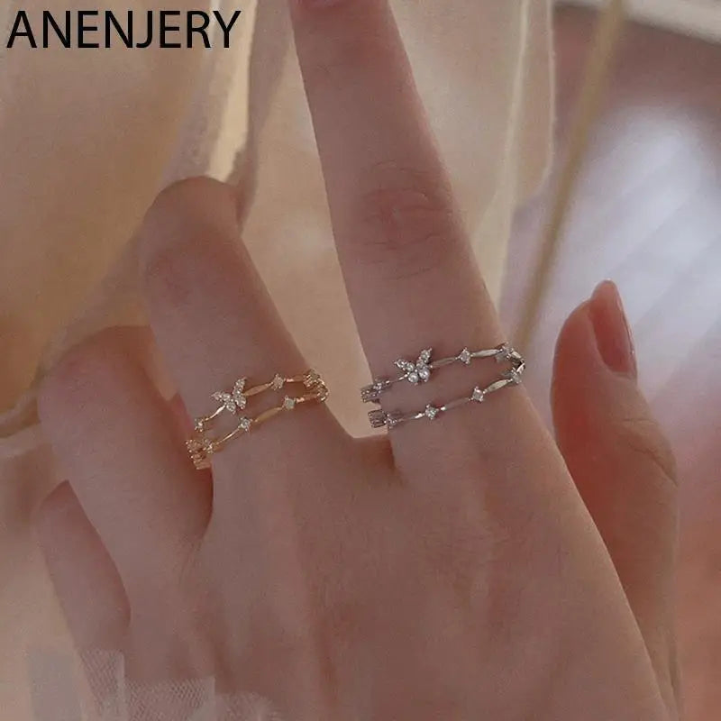Butterfly Zircon Ring - Adjustable Double Layer Design