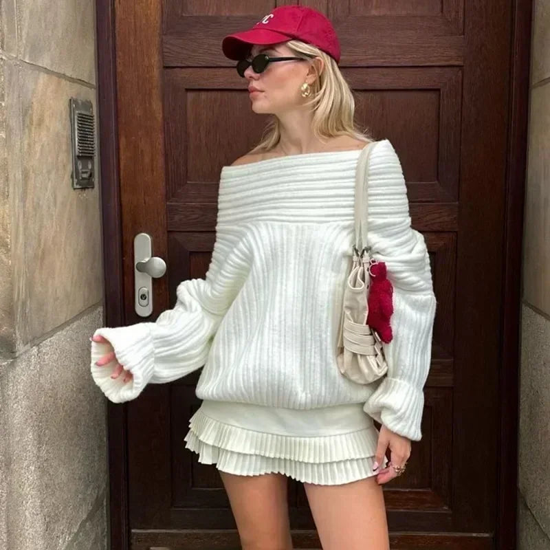Off-Shoulder Retro Sweater - Loose Brown Knit Pullover