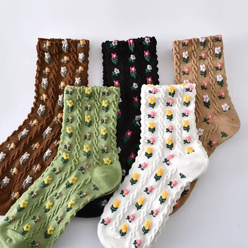 5-Pair Embroidered Flower Socks Set - Harajuku Retro Style