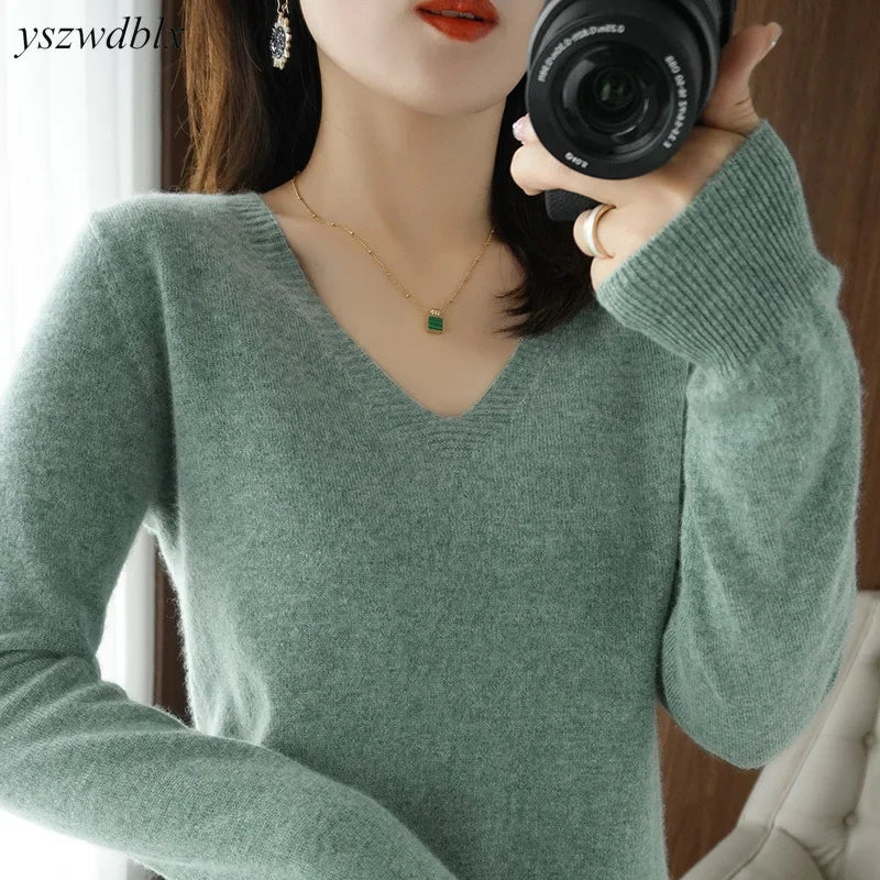 V-Neck Solid Knit Sweater - Warm Casual Pullover