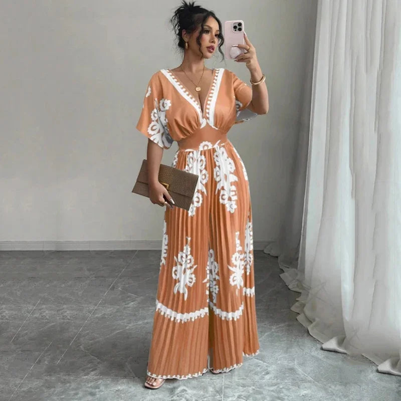 Deep V-Neck Backless Printed Jumpsuit - High-Waist Wide-Leg Fit