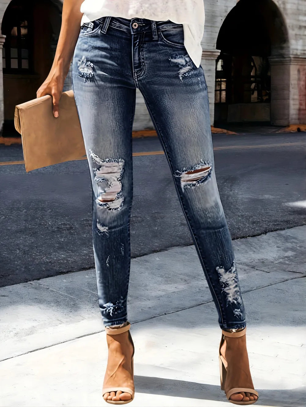 Distressed Straight Jeans - Stretch Washed Ankle Fit