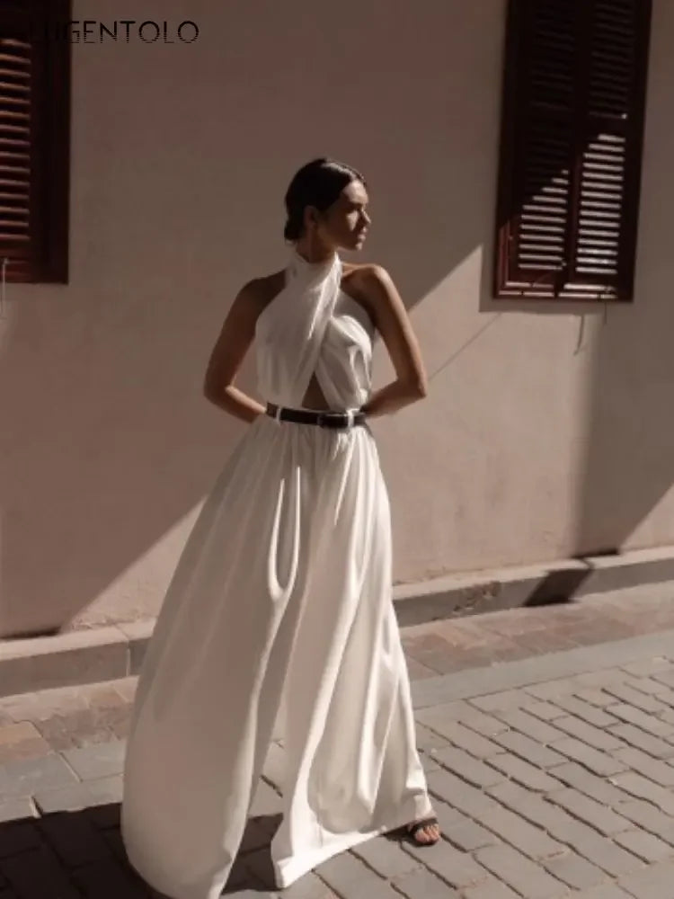 Halter Backless Wide-Leg Jumpsuit - Sleek High-Waist Fit