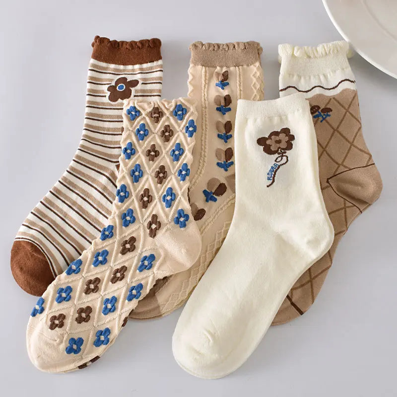 5-Pair Embroidered Flower Socks Set - Harajuku Retro Style