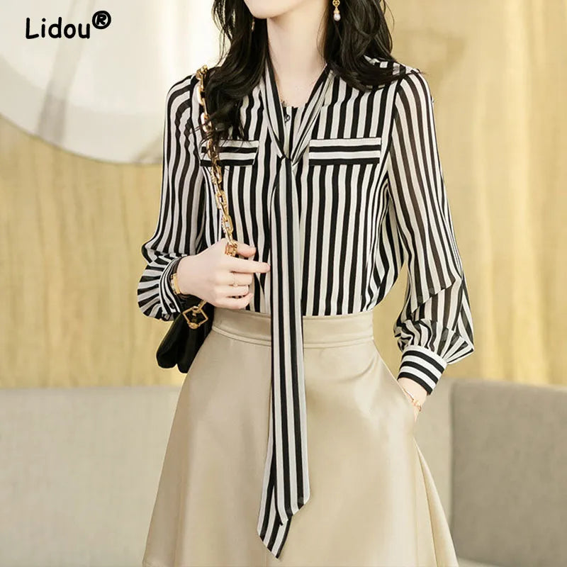 Striped Long Sleeve Blouse - Office Lady Temperament Shirt