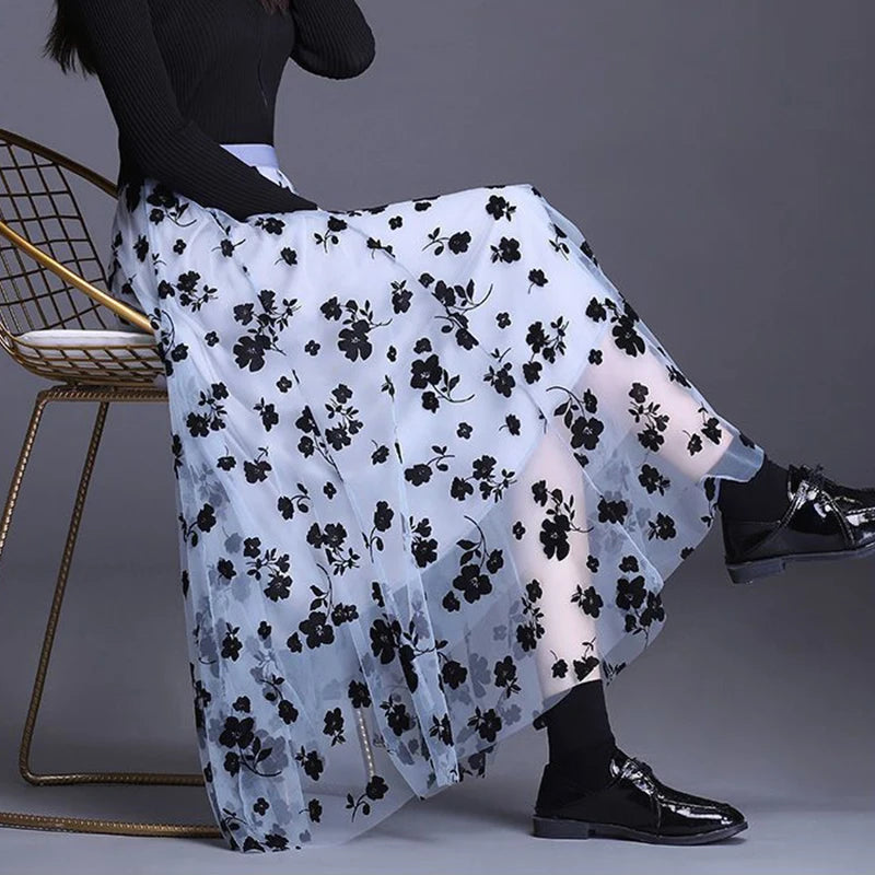 Floral Tulle Midi Skirt - Light Mesh Layered Style