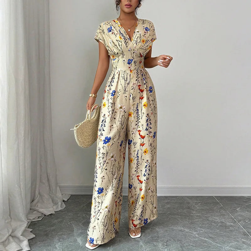 Floral Print Short-Sleeve Jumpsuit - High-Waist Straight-Leg Style