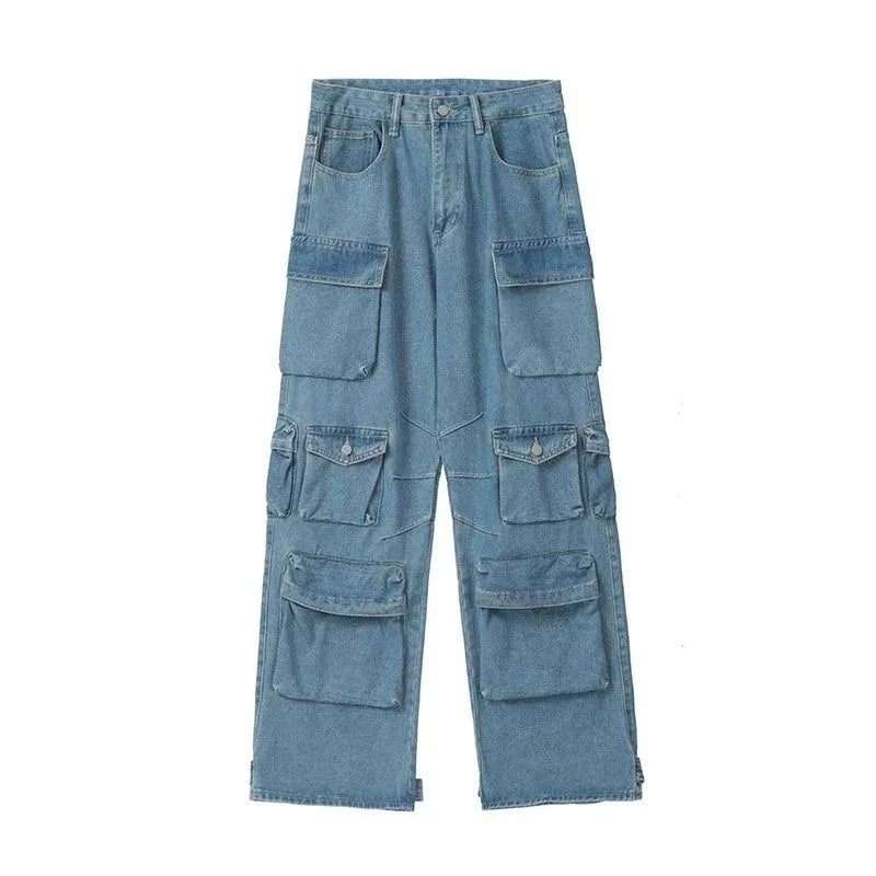 Washed Multi-Pocket Cargo Jeans - High-Waist Wide-Leg Fit