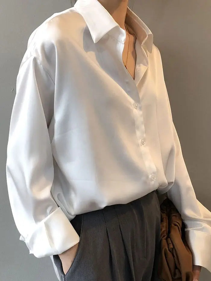 Vintage Button-Up Shirt - Long Sleeve Loose Blouse
