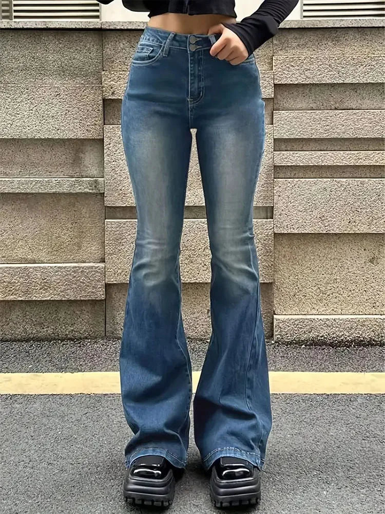 Gray Flare Stretch Jeans - High-Waist Bell-Bottom Fit