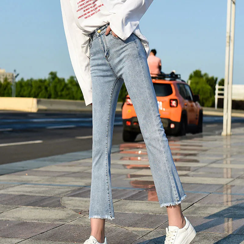 High-Waist Slim Flare Jeans - Stretch Ankle-Length Denim