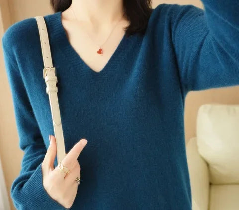 V-Neck Solid Knit Sweater - Warm Casual Pullover