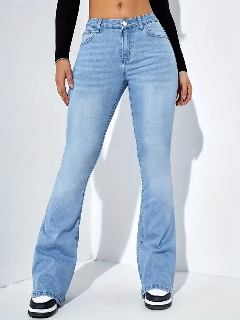 Gray Flare Stretch Jeans - High-Waist Bell-Bottom Fit