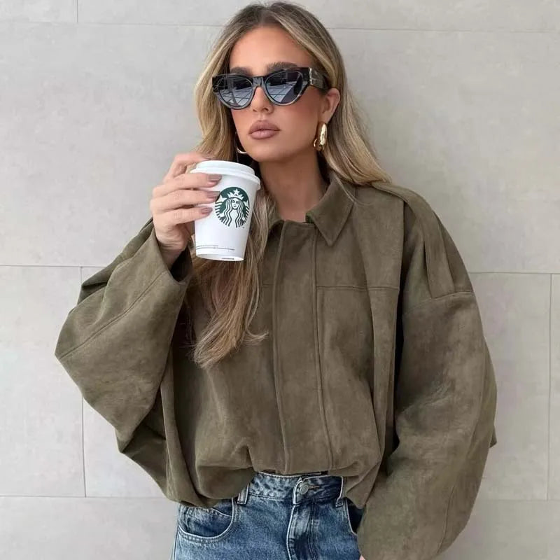 Suede Texture Bomber Jacket - Relaxed Lapel Style