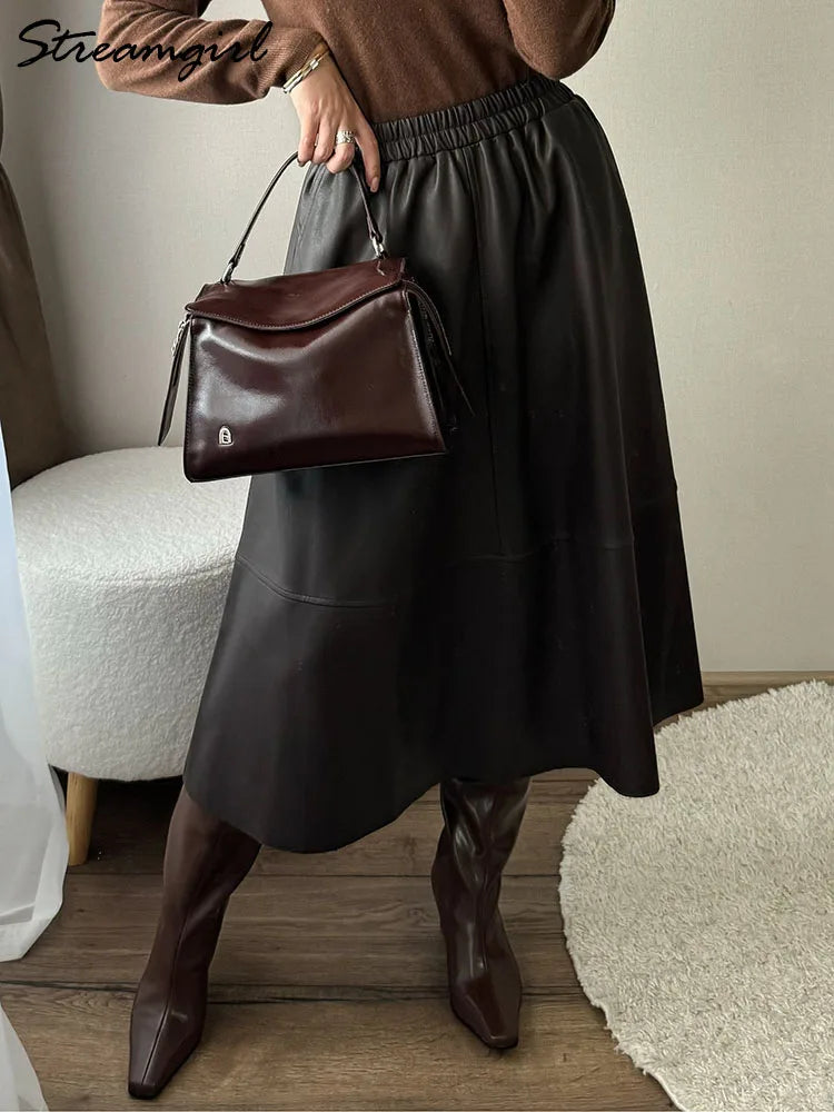 Leather A-Line Midi Skirt - Elastic Waist With Pockets