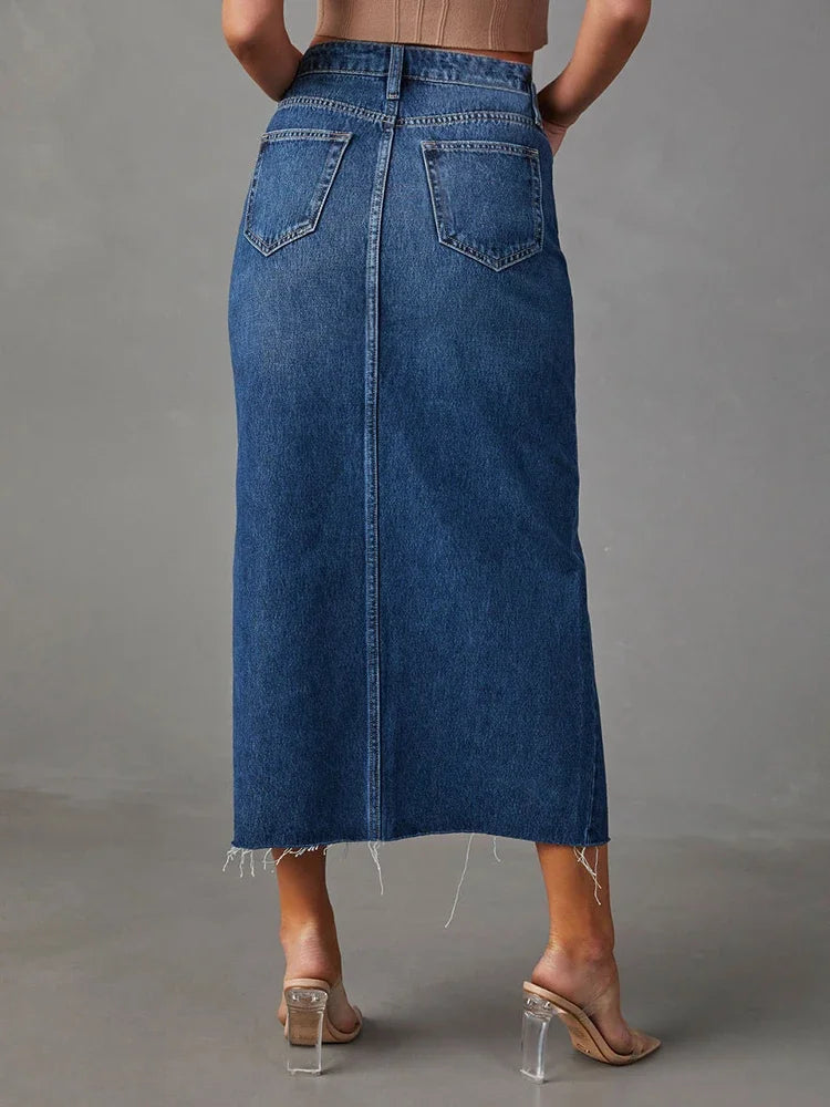 Washed Denim Split Midi Skirt - Vintage A-Line Cut