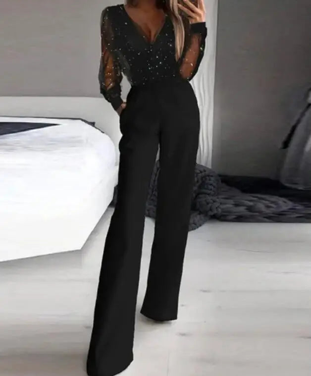 Mesh Sequin Long-Sleeve Jumpsuit - Wrap Front Evening Style