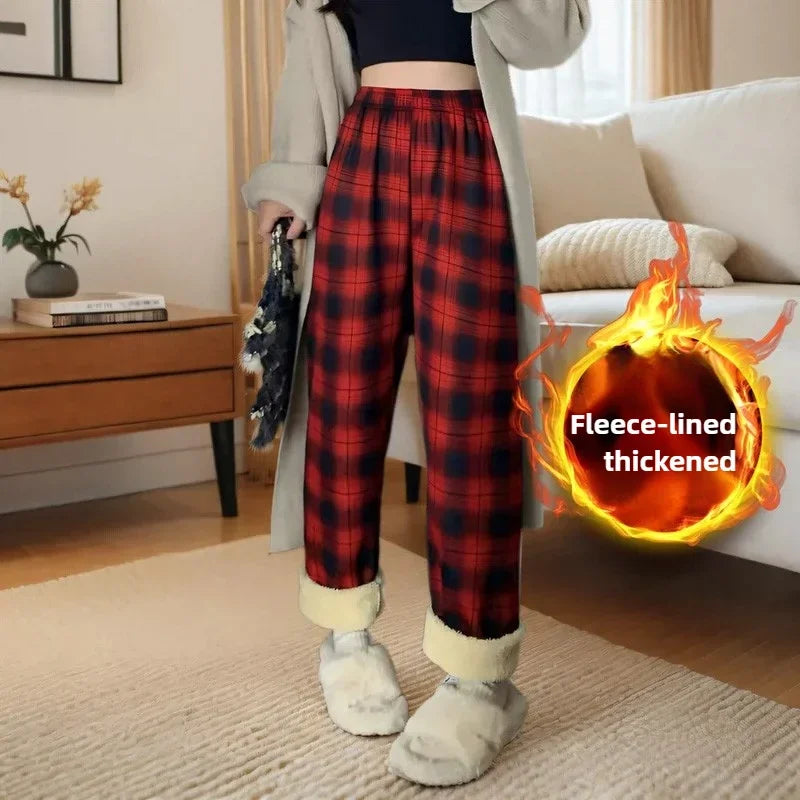 Fleece Lined Plaid Trousers - Straight Winter Fit
