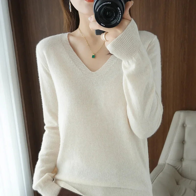V-Neck Solid Knit Sweater - Warm Casual Pullover