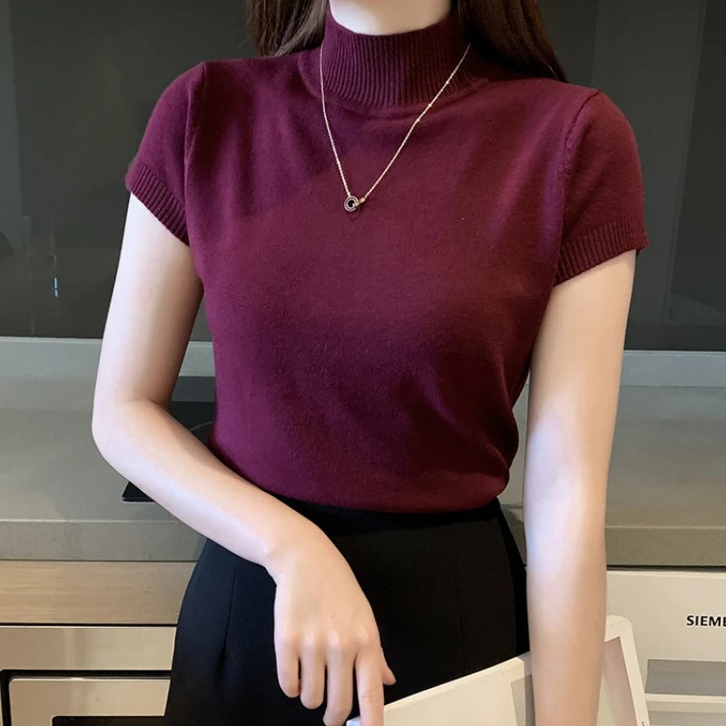 Half-High Neck Knit Tee - Korean Style One-Size Top