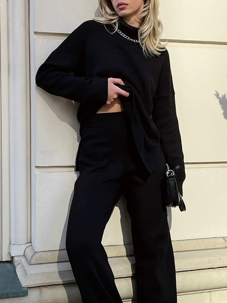 Side-Split Turtleneck Sweater - Oversized Knit Jumper