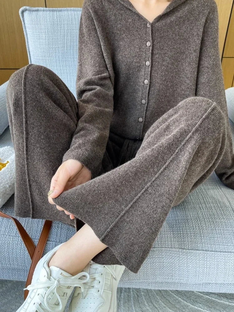 Knitted Wide Leg Pants - High Waist Relaxed Fit