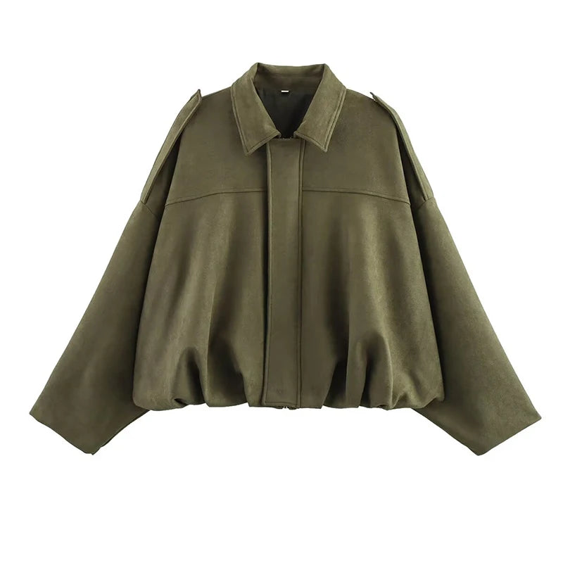 Suede Texture Bomber Jacket - Relaxed Lapel Style